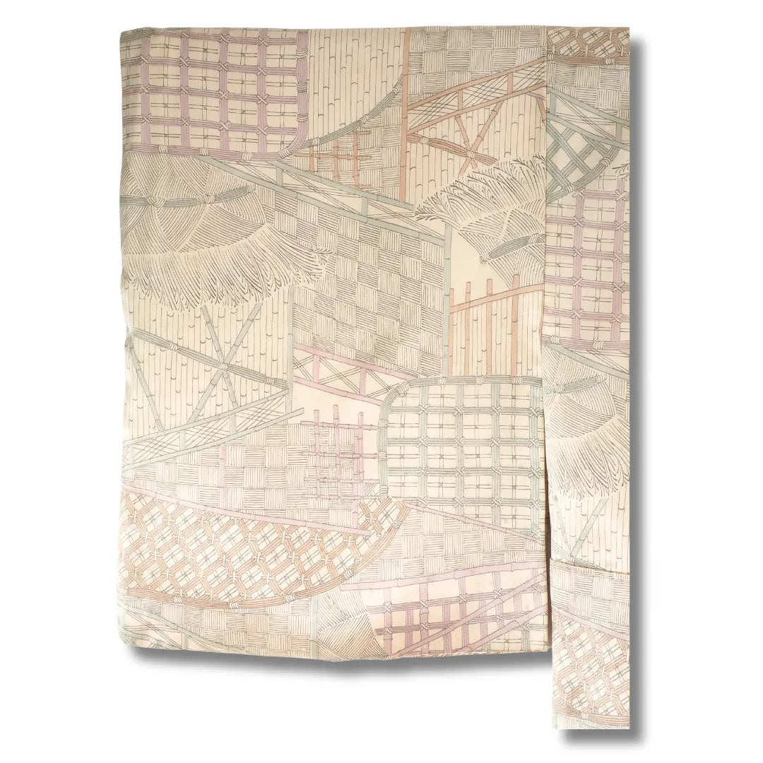 Vintage Damen Komon-Kimono – Creme mit Hellgrünem Muster