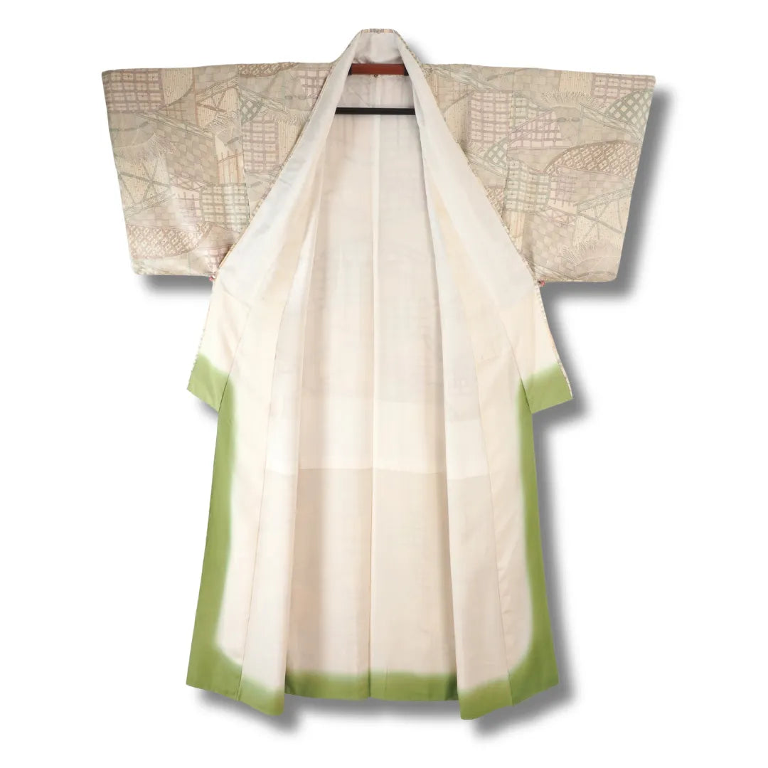 Vintage Damen Komon-Kimono – Creme mit Hellgrünem Muster