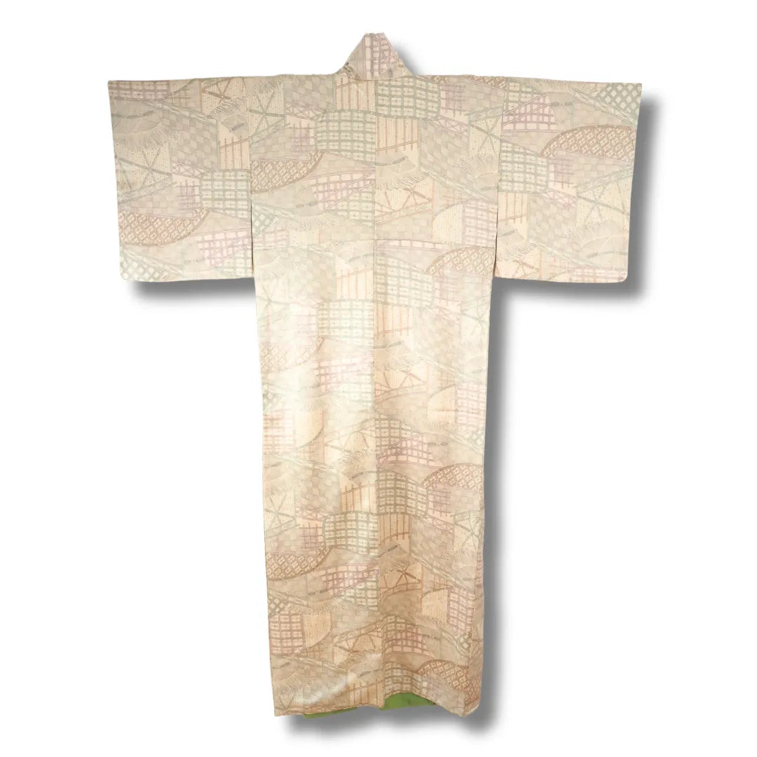 Vintage Damen Komon-Kimono – Creme mit Hellgrünem Muster
