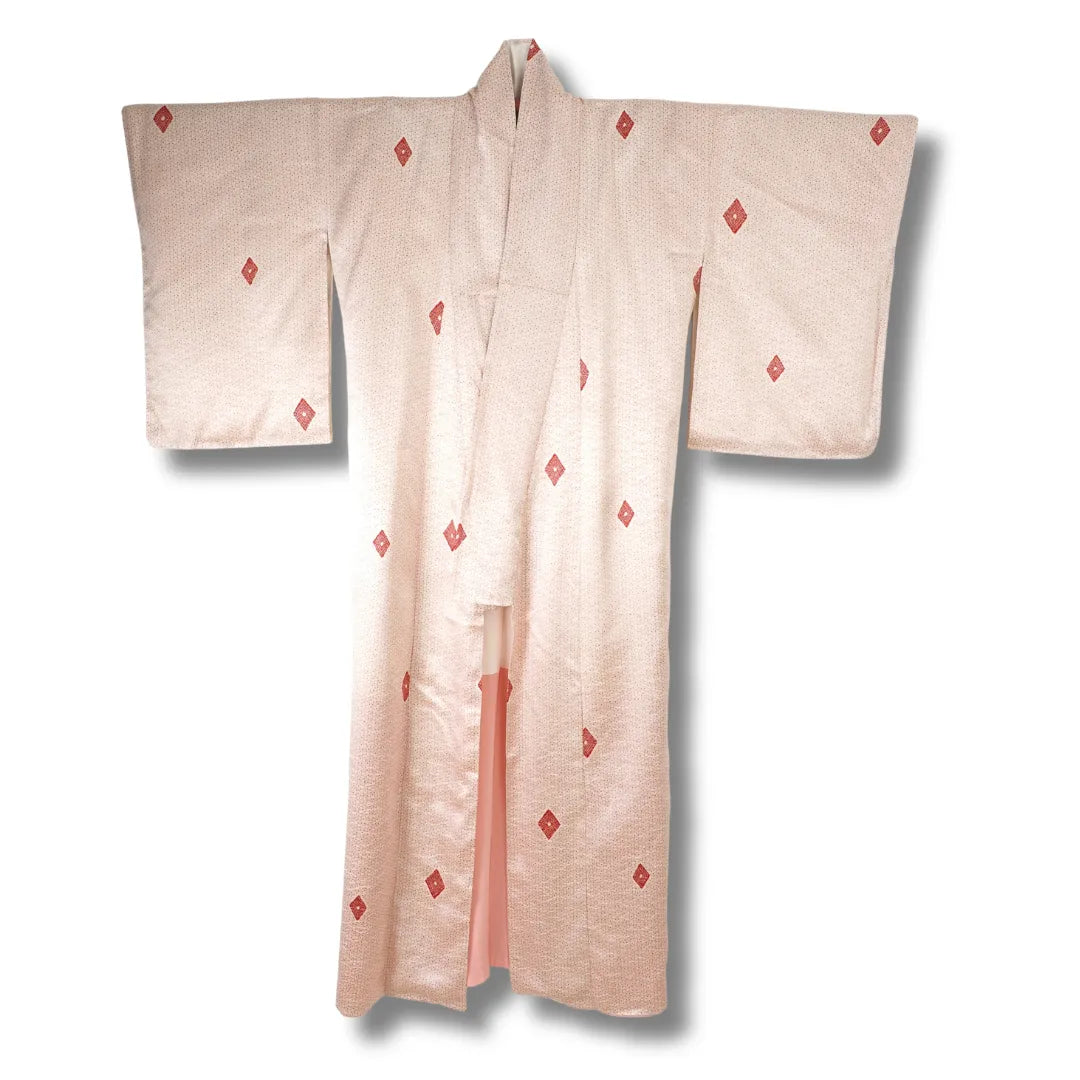 Vintage Damen Komon Kimono creme mit rotem Rautenmuster Shibori