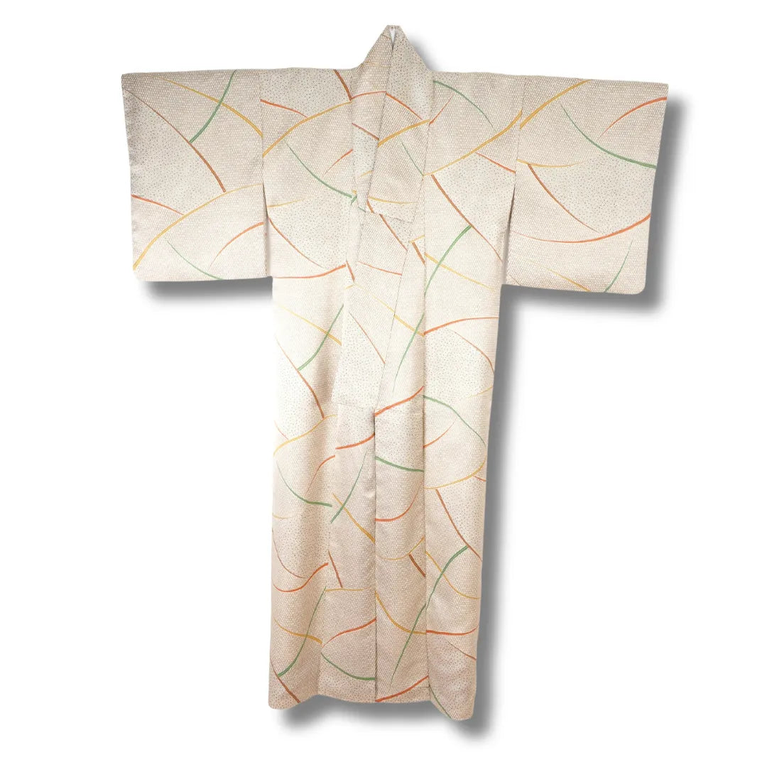 Vintage Komon Kimono cremefarben mit abstraktem Muster Vorderansicht