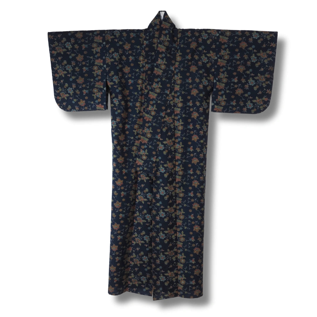 Vintage Komon Damen Kimono in Dunkelblau mit Blumen