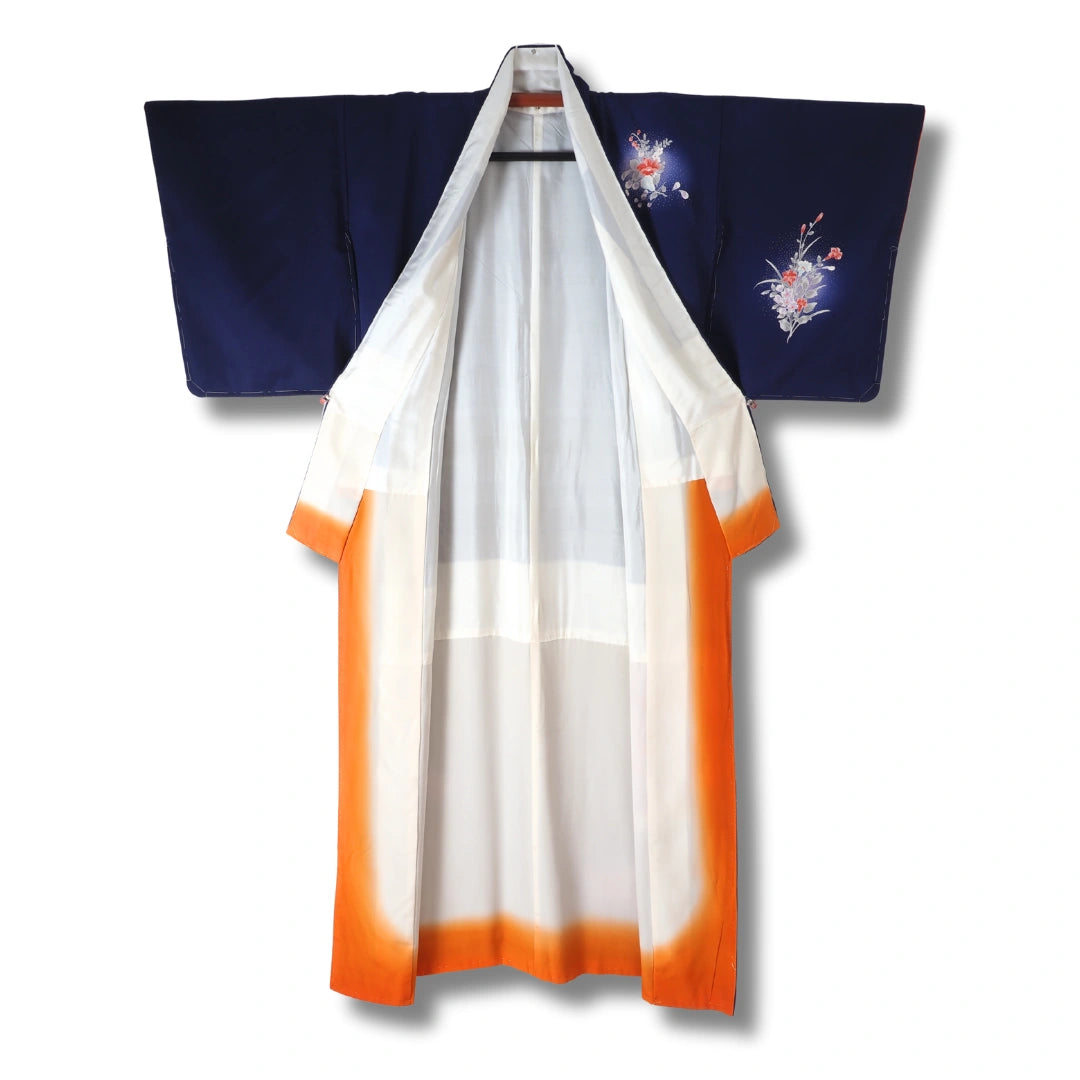 Vintage Damen Houmongi Kimono Nachtblau mit Blumenbouquets