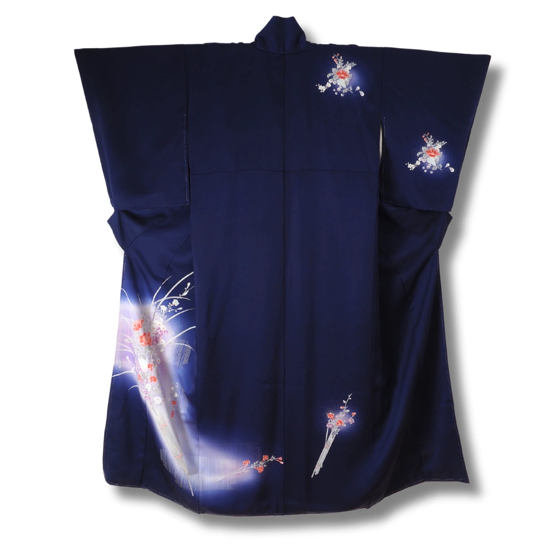 Vintage Damen Houmongi Kimono Nachtblau mit Blumenbouquets