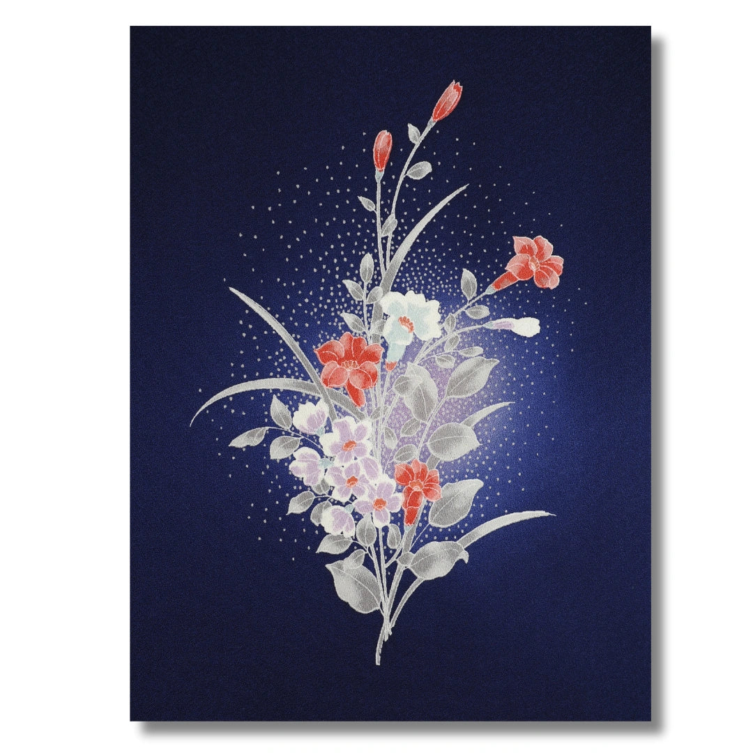 Vintage Damen Houmongi Kimono Nachtblau mit Blumenbouquets