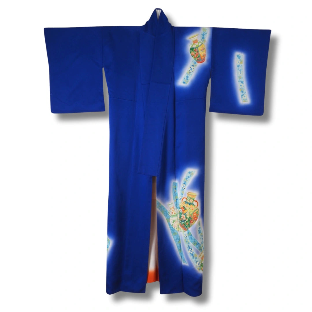 Vintage_Damen_Houmongi-Tsukesage_Kimono_dunkelblau_mit_Vasen