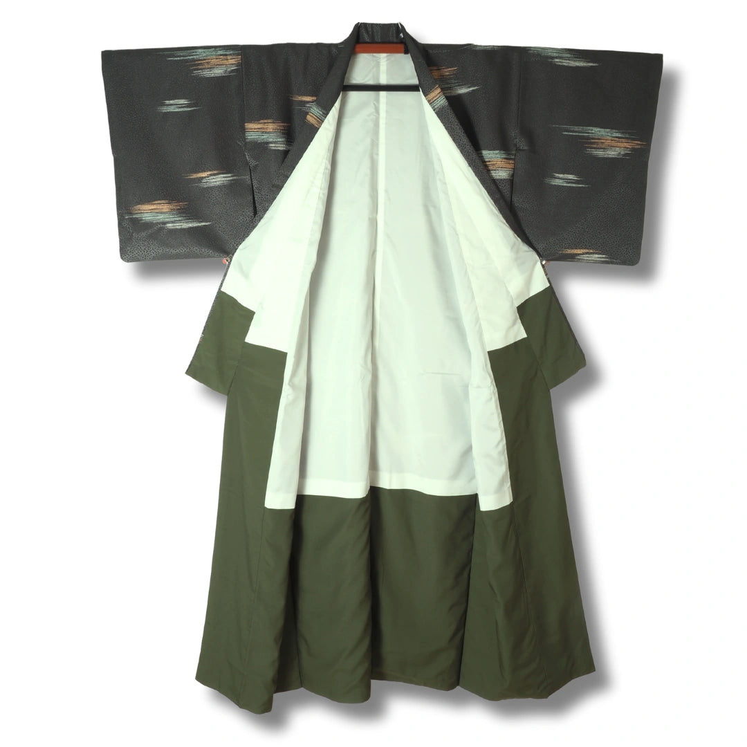 Vintage Damen Komon Kimono Dunkelgrün mit Streifen