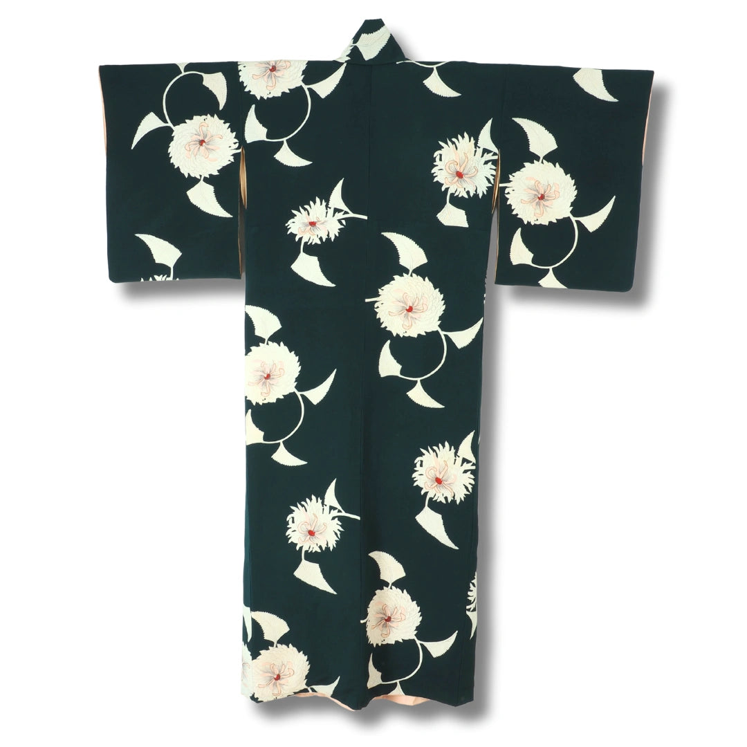 Vintage Damen Komon Kimono in Dunkelgrün mit weißen Blumen