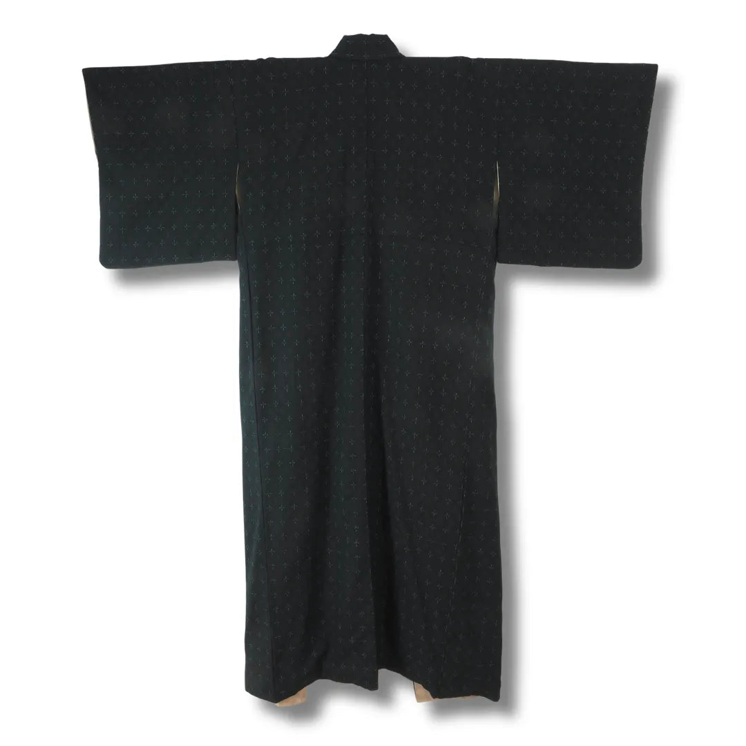 Rückansicht des dunkelgrünen Vintage Komon-Kimono, gleichmäßiges Ton-in-Ton-Muster