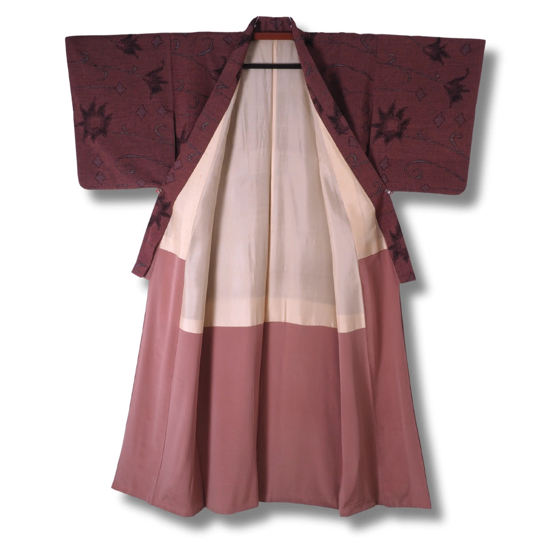 Vintage Komon Damen Kimono in Dunkelrosa mit Muster