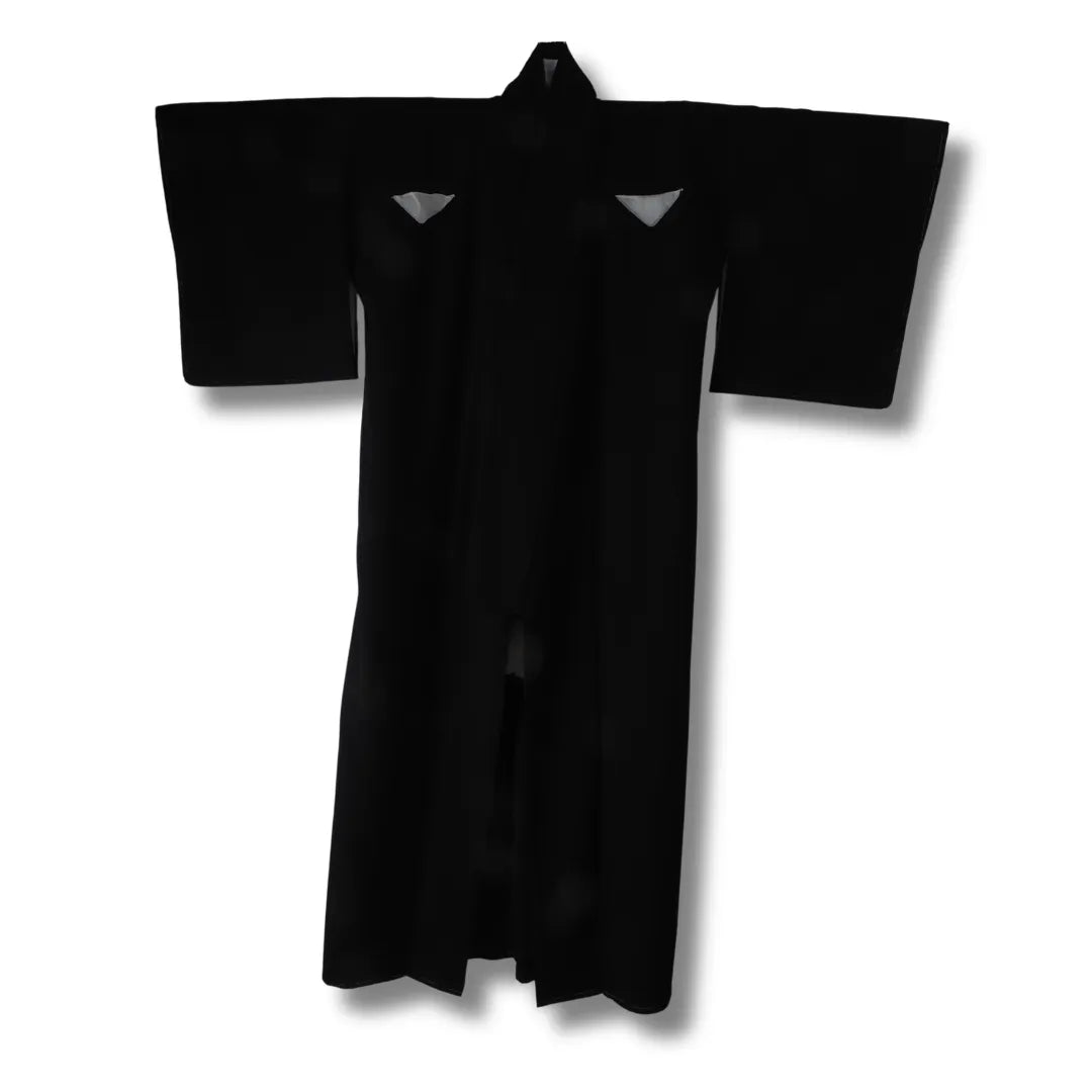 Vintage Damen Mofuku Kimono in Schwarz mit 2 Kamon Vorderansicht