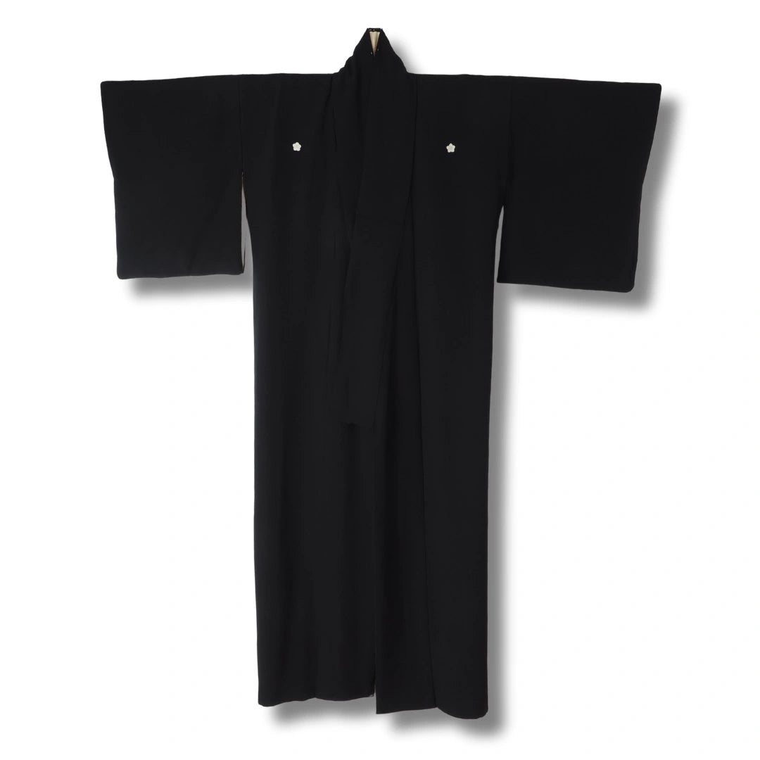 Vintage Mofuku Damen-Kimono Schwarz mit Kamon