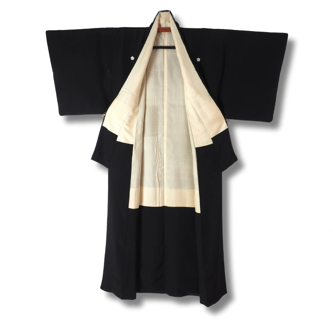 Vintage Mofuku Damen-Kimono Schwarz mit Kamon