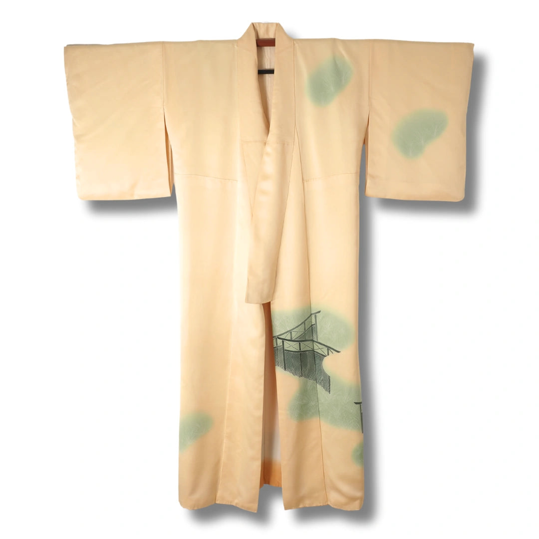 Vintage Damen Homongi Kimono goldgelb mit Landschaftsmotiv