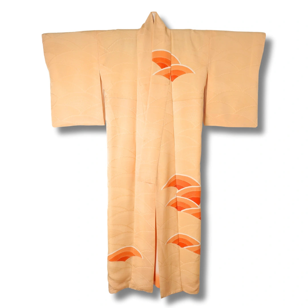 Vintage Damen Homongi Kimono goldgelb mit orangen Bögen
