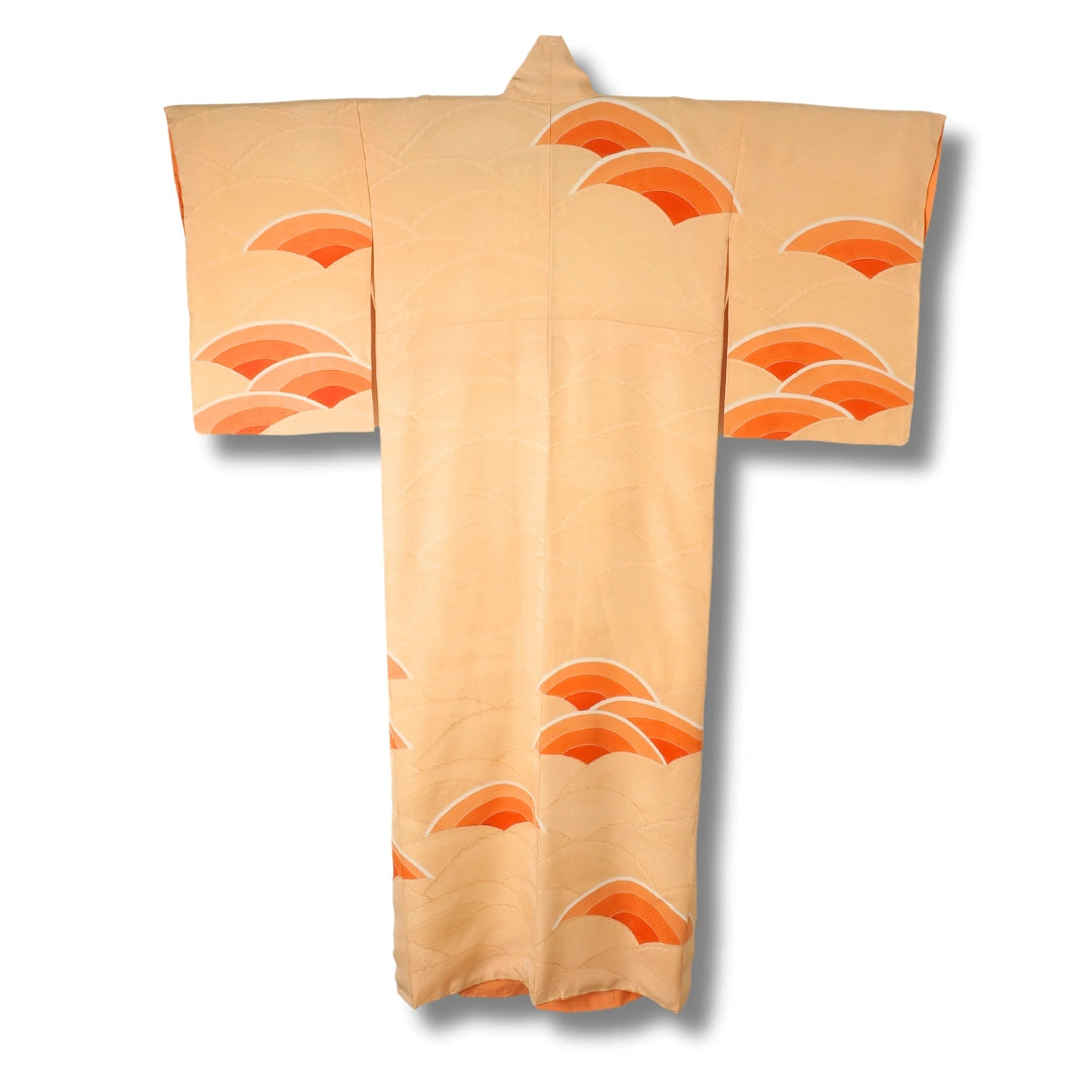 Vintage Damen Homongi Kimono goldgelb mit orangen Bögen