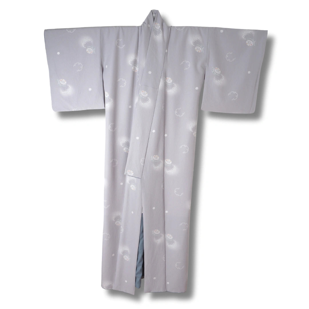 Vintage Damen Komon Kimono Taubengrau mit Schneemuster