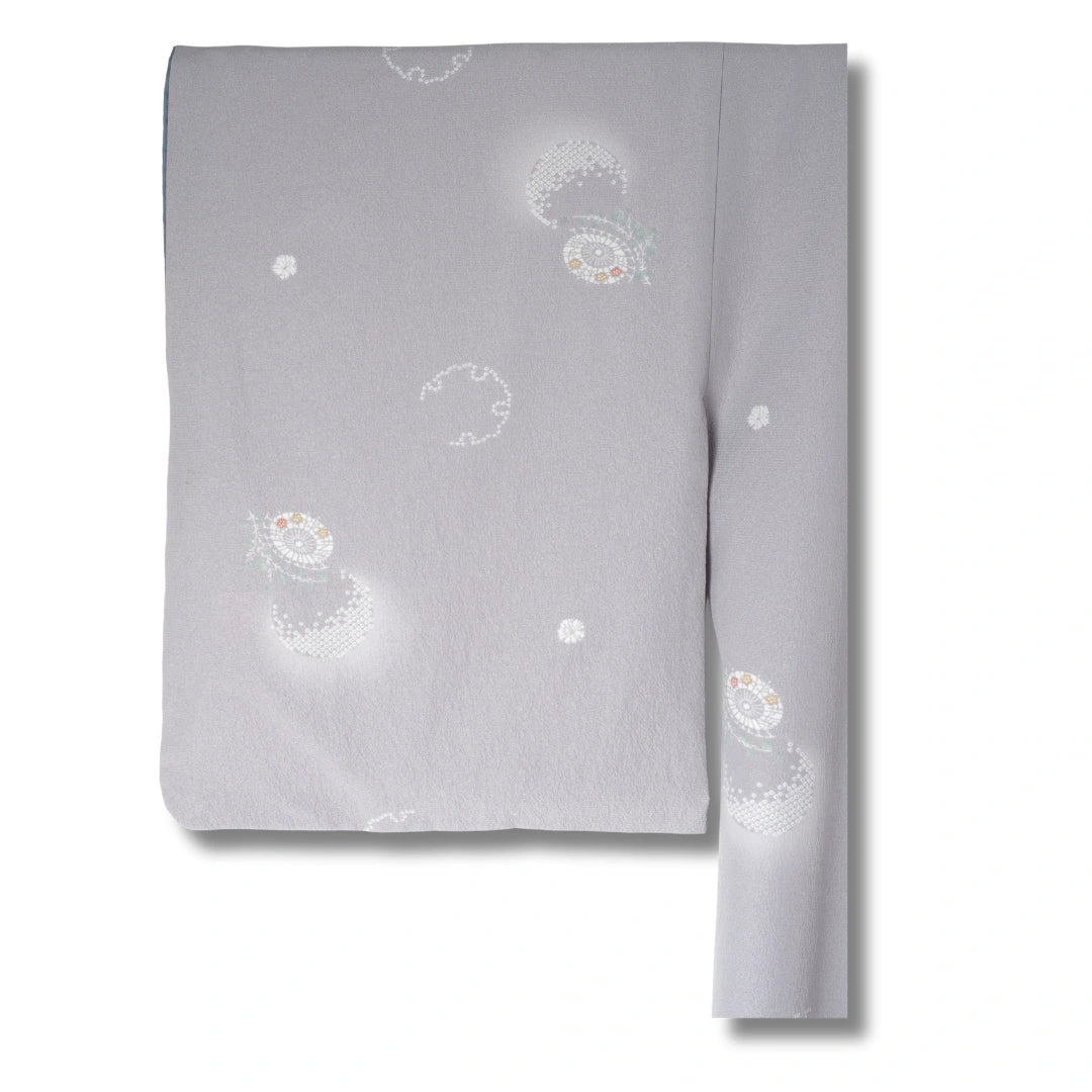 Vintage Damen Komon Kimono Taubengrau mit Schneemuster