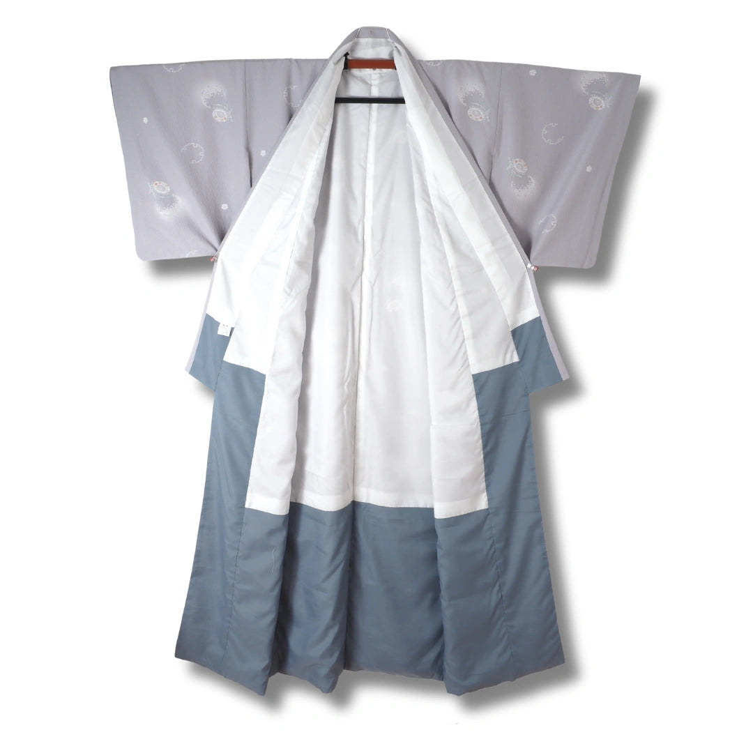 Vintage Damen Komon Kimono Taubengrau mit Schneemuster