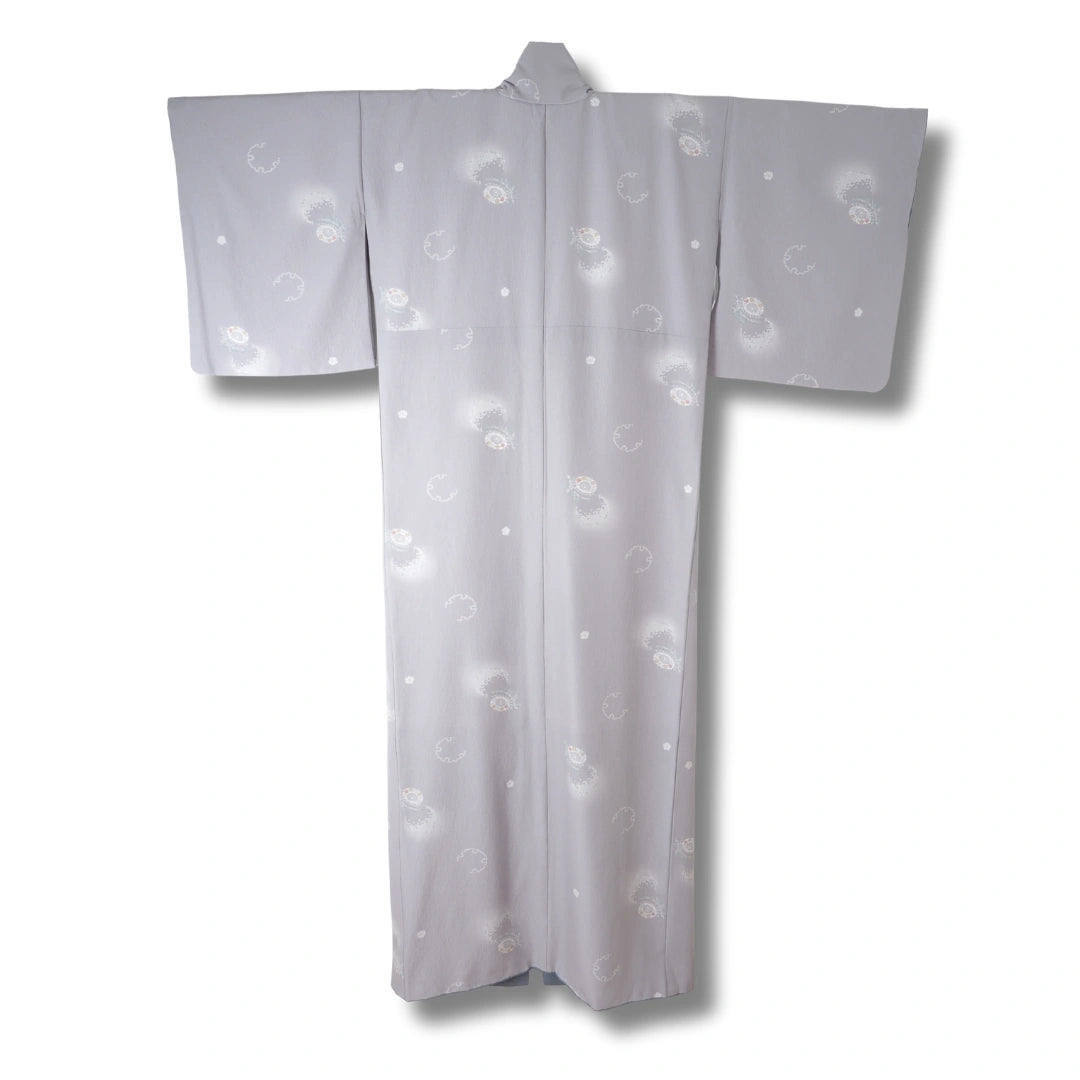 Vintage Damen Komon Kimono Taubengrau mit Schneemuster