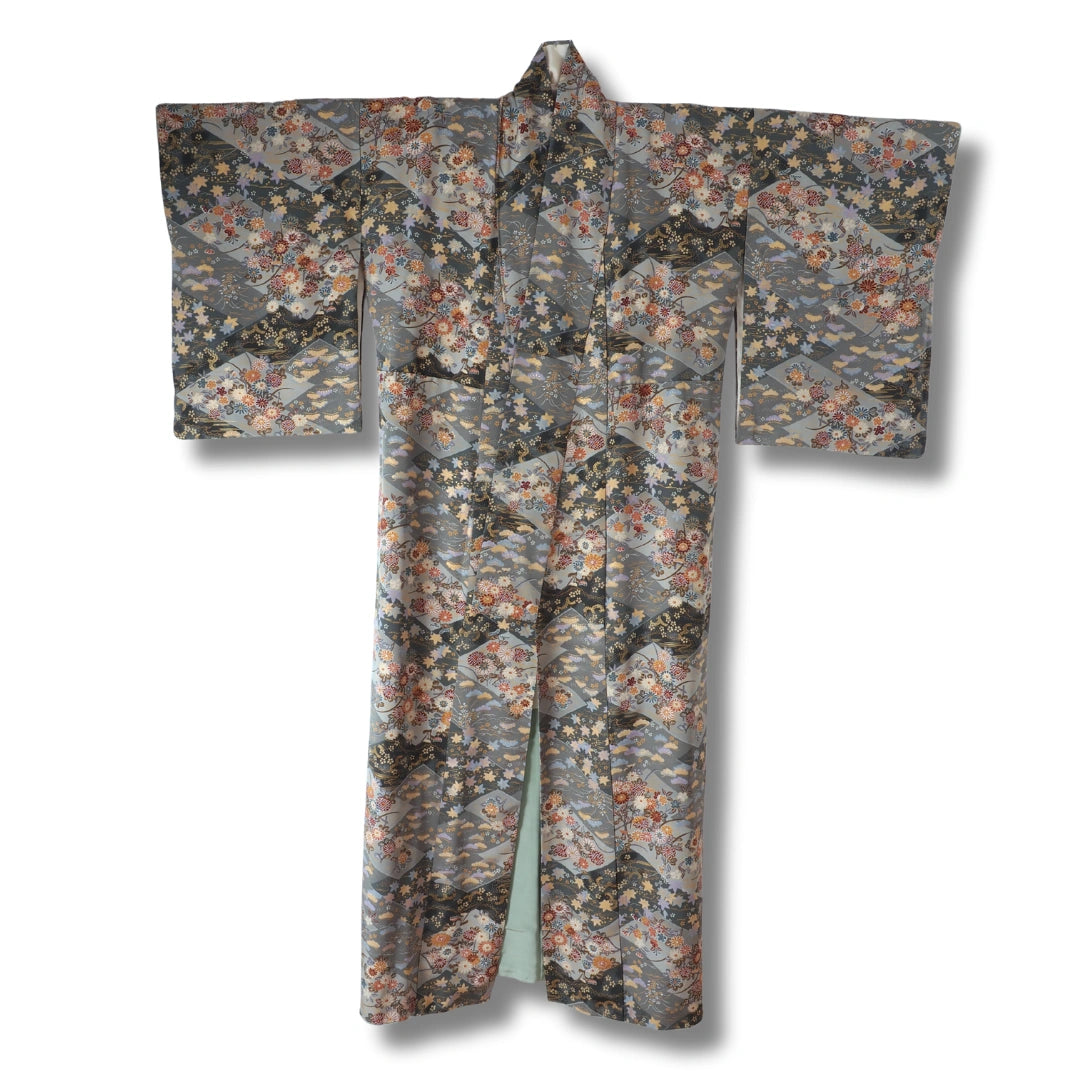 Vintage Damen Komon Kimono Grau-Grün mit Blumen