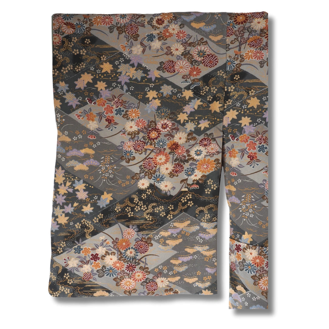 Vintage Damen Komon Kimono Grau-Grün mit Blumen