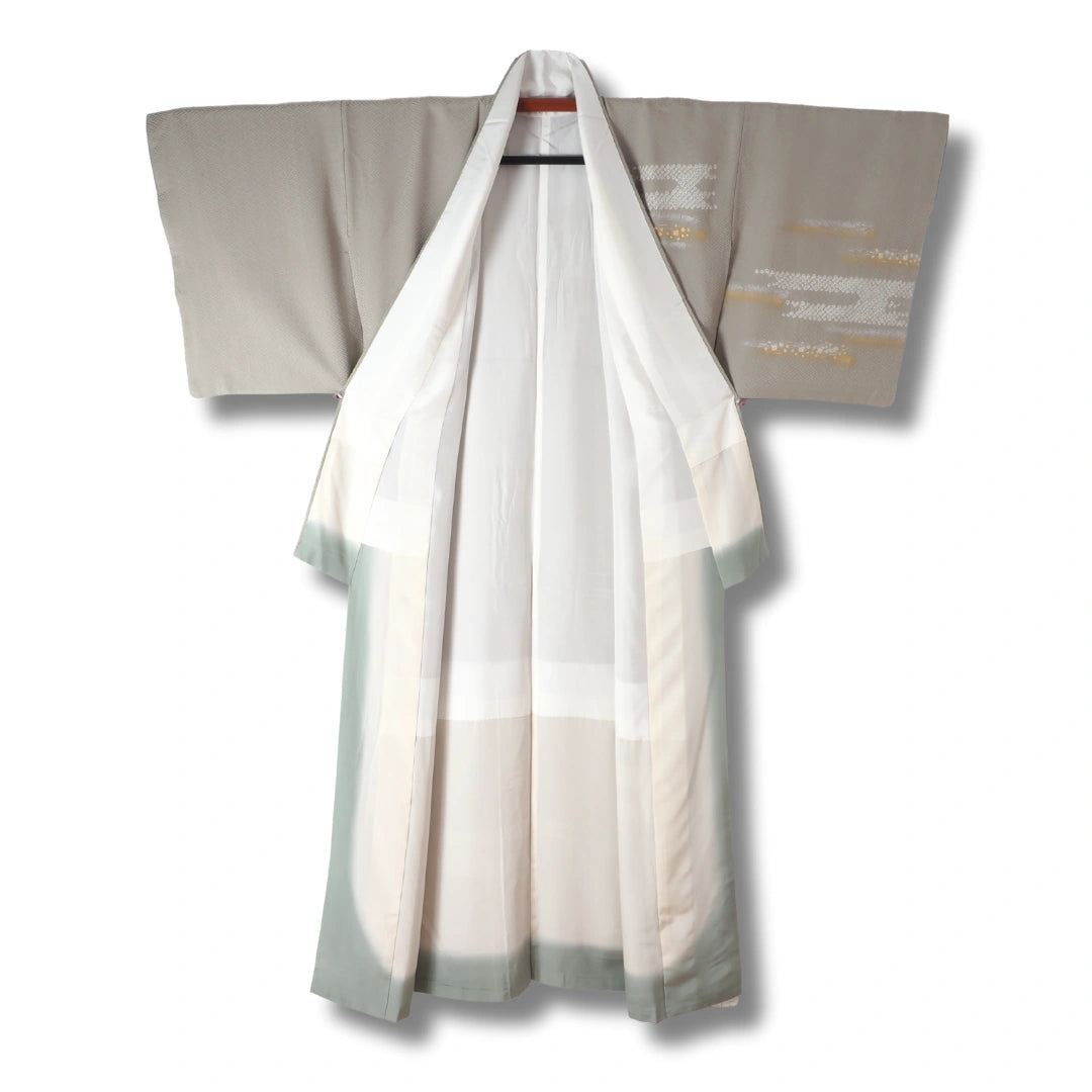 Vintage Damen Homongi Kimono in Graubeige mit Gold