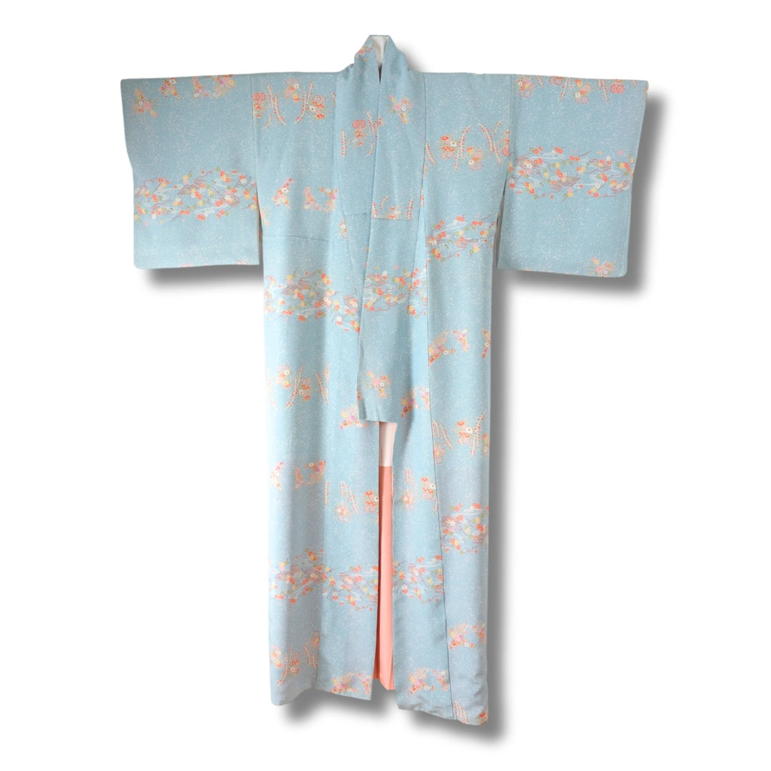 Vintage Damen Komon Kimono hellblau mit Blumen
