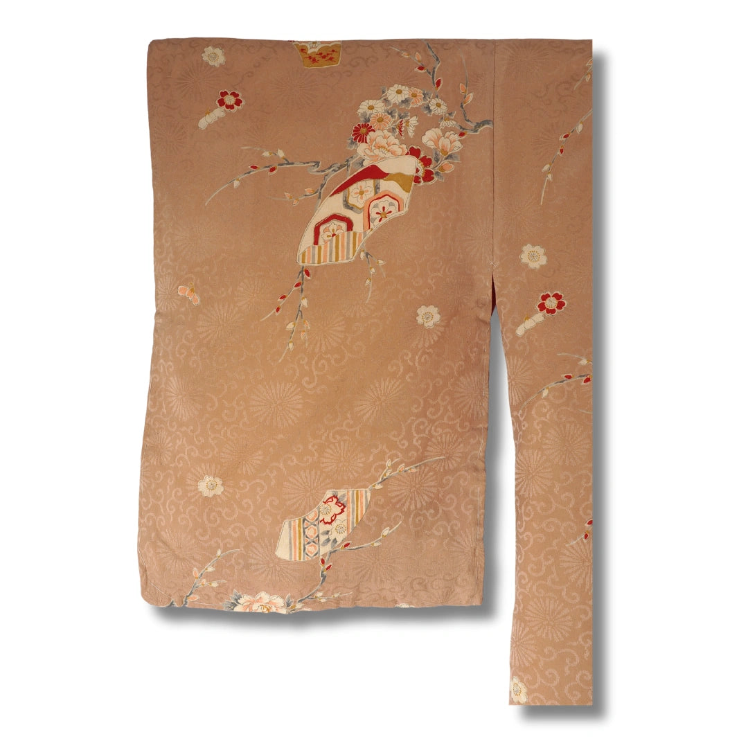 Vintage Damen Komon Kimono hellbraun mit Pfingstrosenmuster