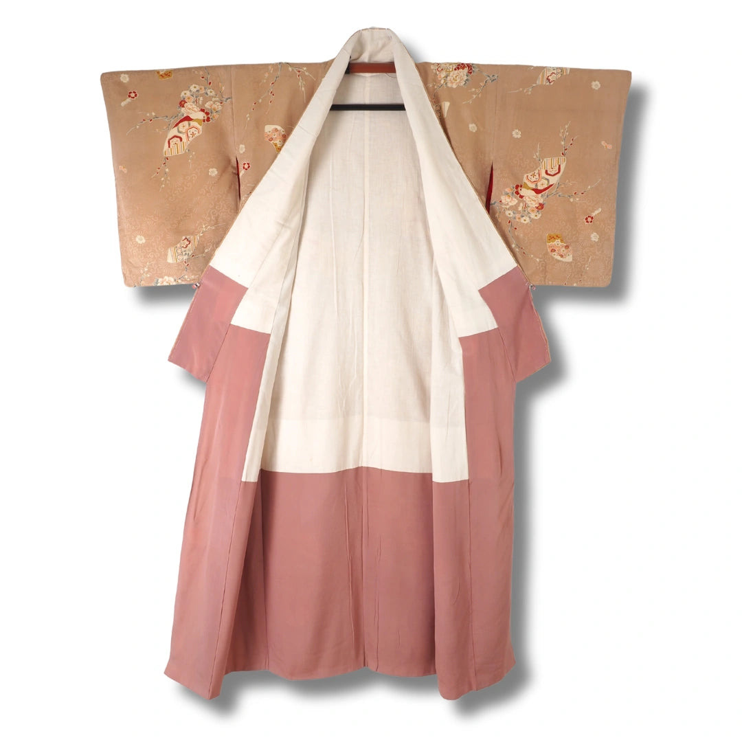 Vintage Damen Komon Kimono hellbraun mit Pfingstrosenmuster