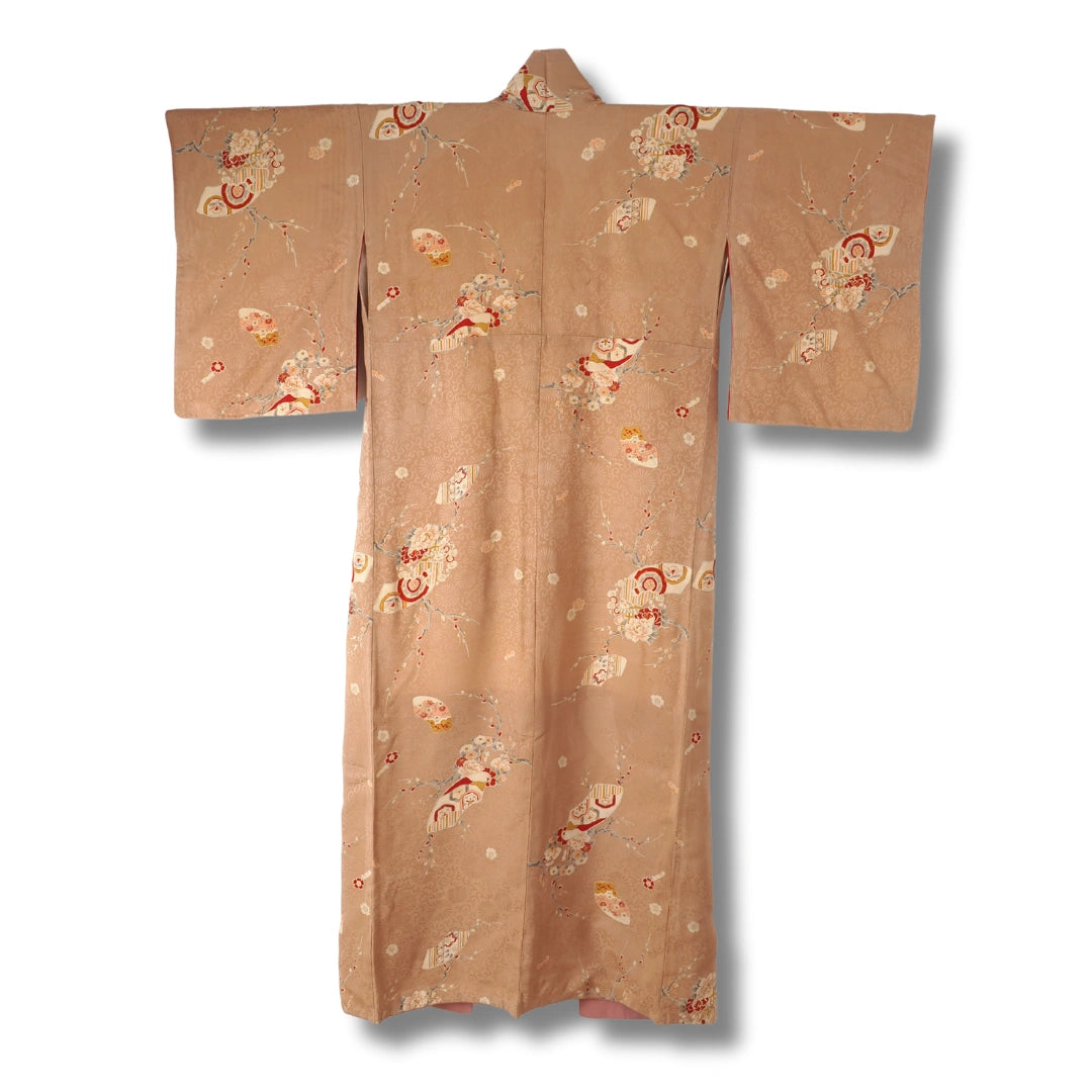 Vintage Damen Komon Kimono hellbraun mit Pfingstrosenmuster