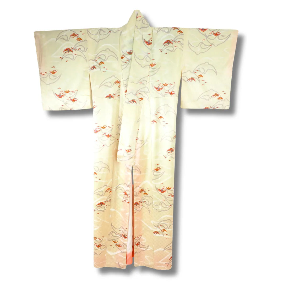 Vintage Komon Kimono hellcreme mit Kranichmuster Vorderansicht