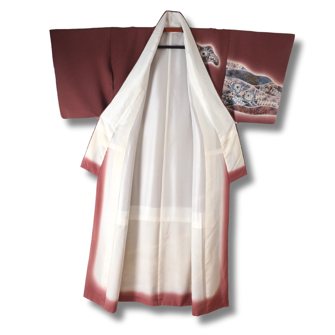 Vintage Damen Houmongi Kimono Bordeaux mit Blumen