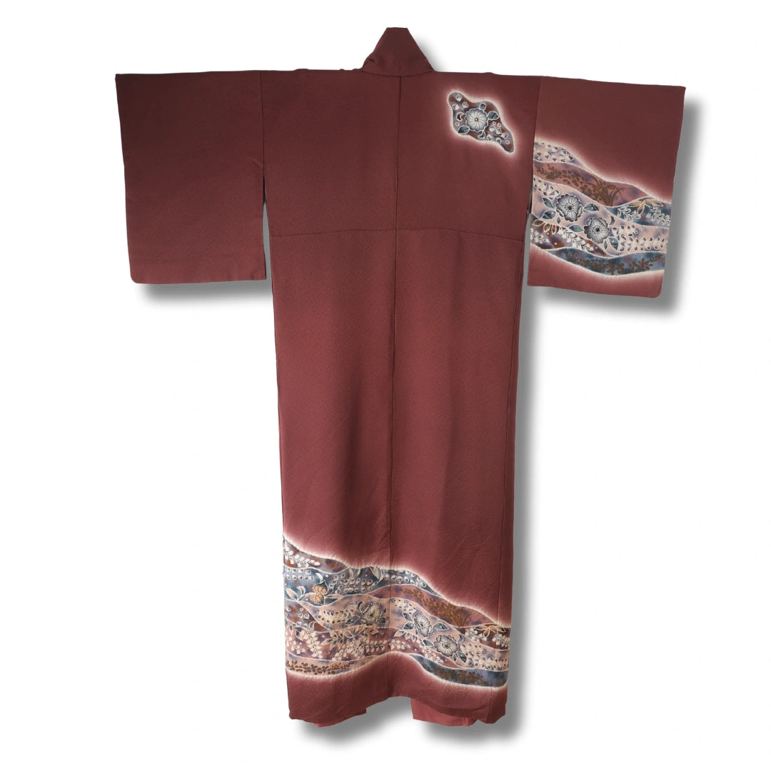 Vintage Damen Houmongi Kimono Bordeaux mit Blumen