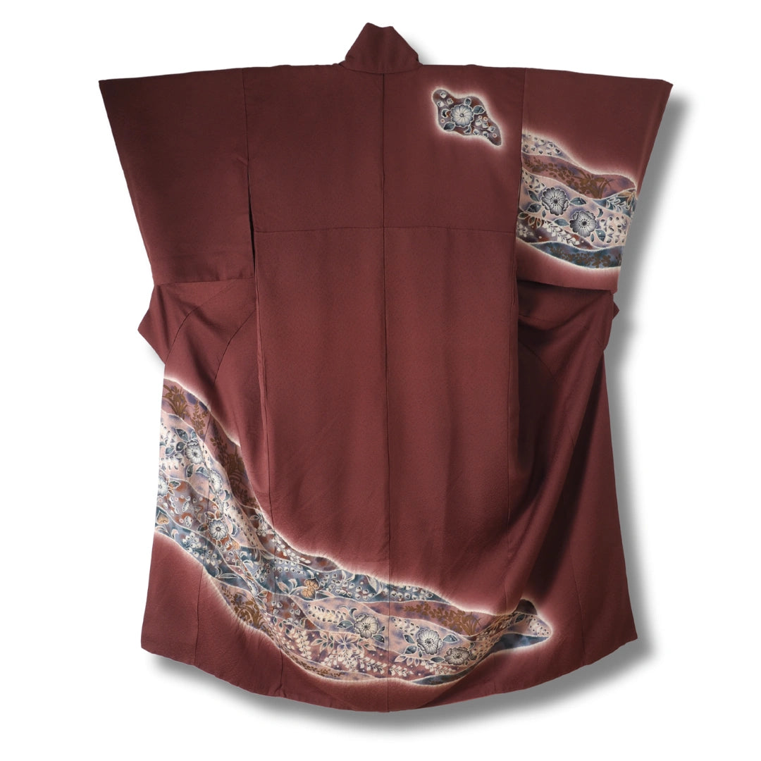 Vintage Damen Houmongi Kimono Bordeaux mit Blumen