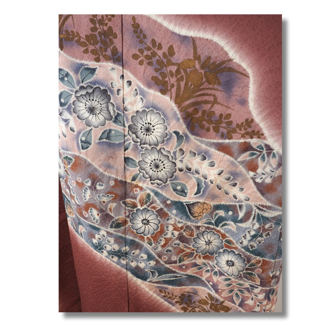 Vintage Damen Houmongi Kimono Bordeaux mit Blumen