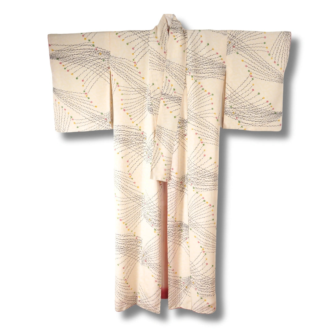 Vintage Damen Komon Kimono Hellgelb mit Blumen