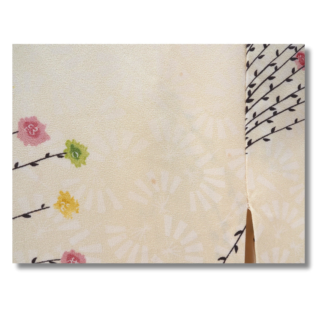 Vintage Damen Komon Kimono Hellgelb mit Blumen
