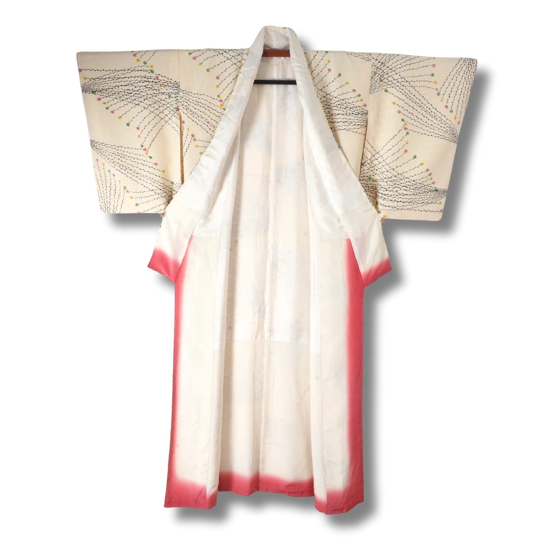Vintage Damen Komon Kimono Hellgelb mit Blumen