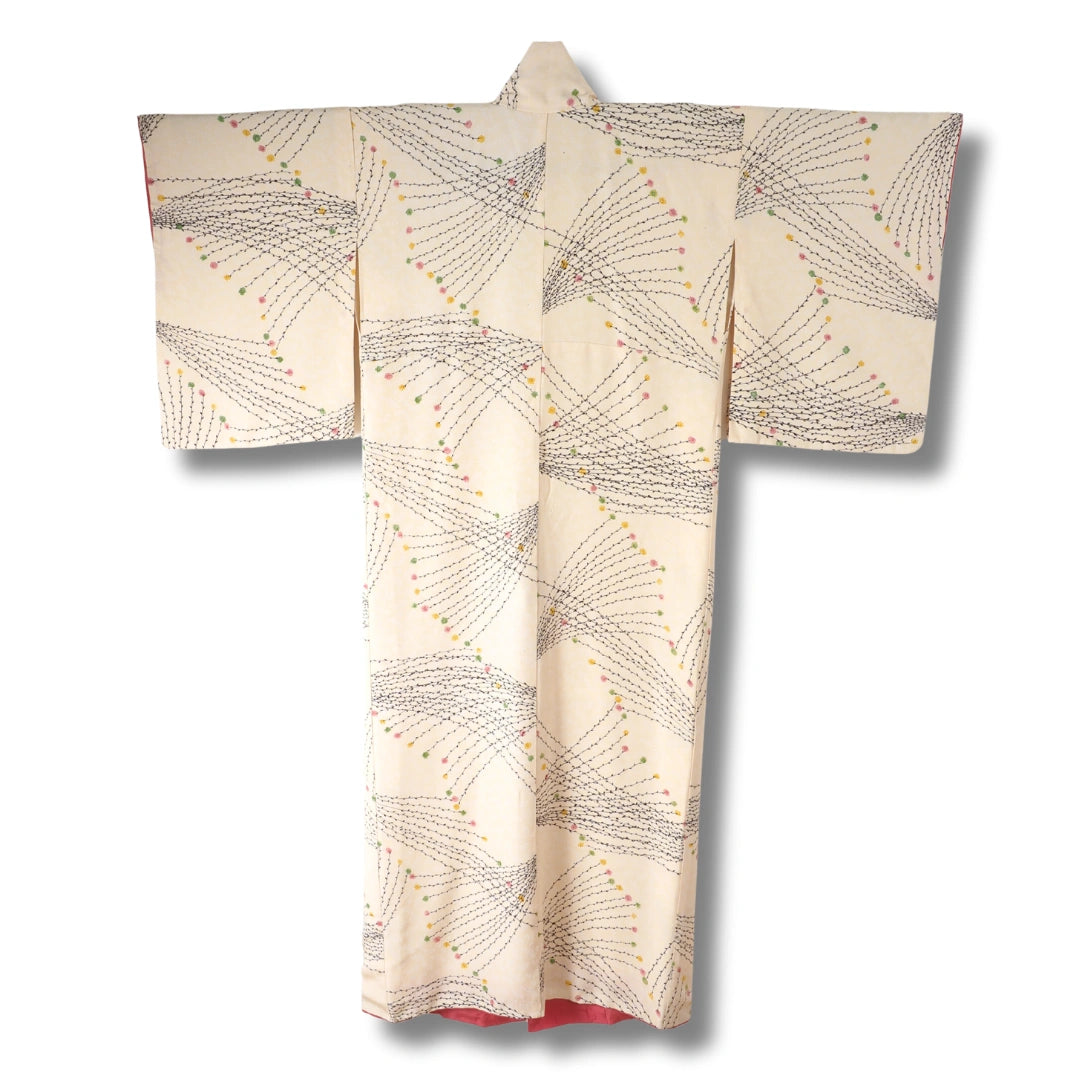 Vintage Damen Komon Kimono Hellgelb mit Blumen