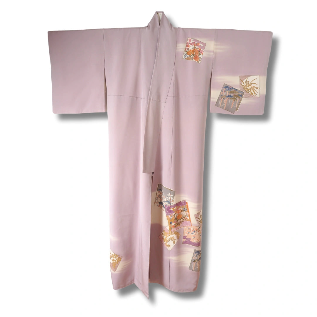 Vintage Damen Houmongi Kimono Helllila mit Motiv-Kacheln