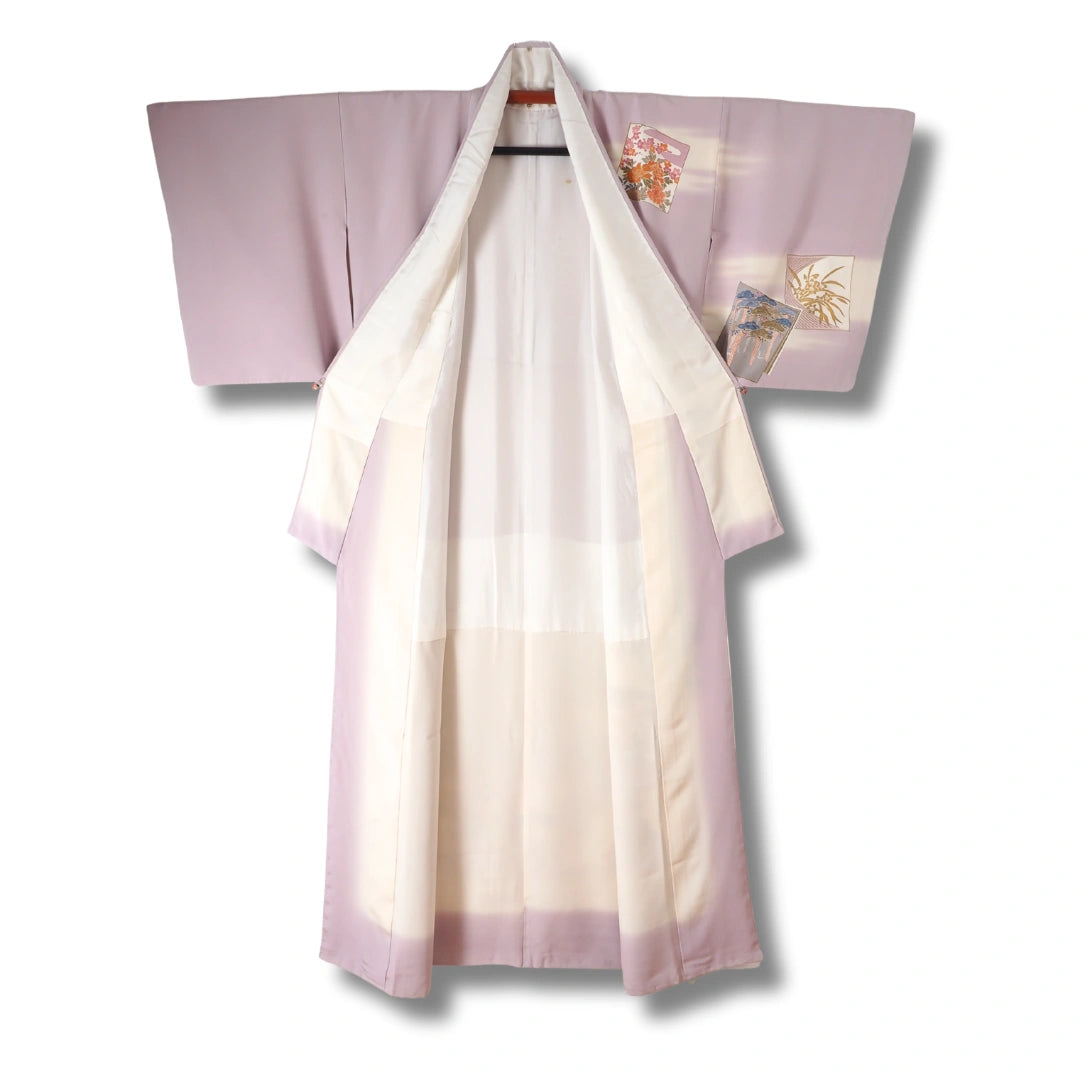 Vintage Damen Houmongi Kimono Helllila mit Motiv-Kacheln