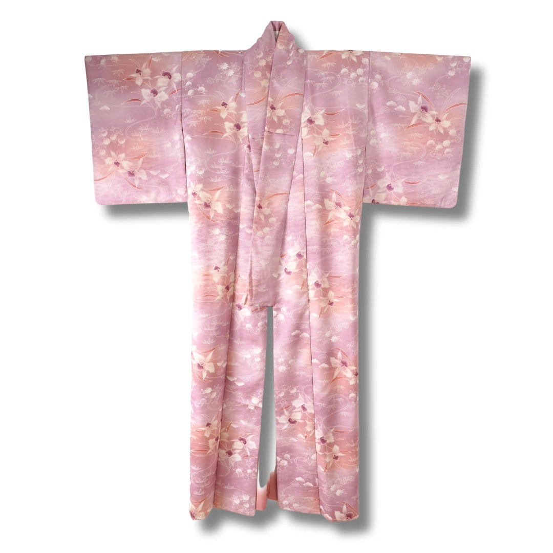 Vintage Damen Komon Kimono helllila mit Blumen