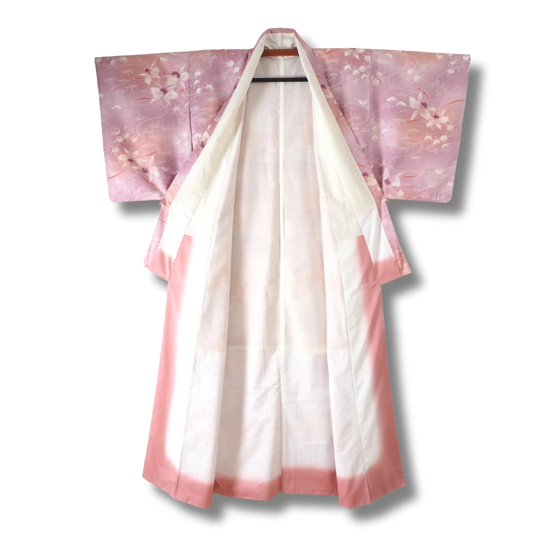 Vintage Damen Komon Kimono helllila mit Blumen