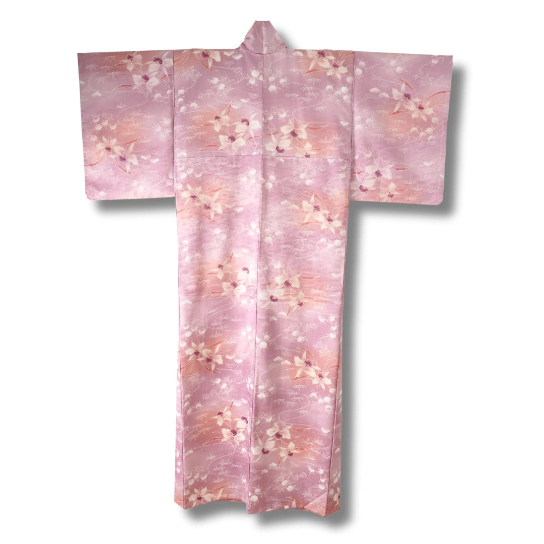 Vintage Damen Komon Kimono helllila mit Blumen