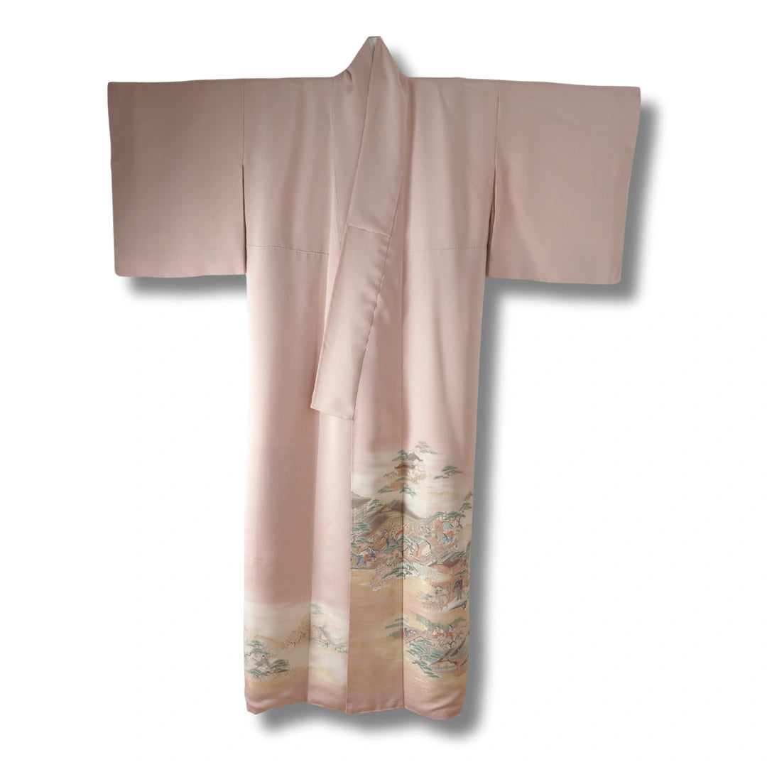 Vintage Damen Iro-Tomesode Kimono hellrosa mit Landschaft