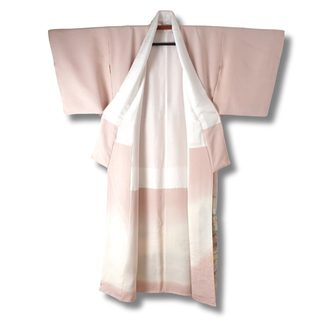 Vintage Damen Iro-Tomesode Kimono hellrosa mit Landschaft
