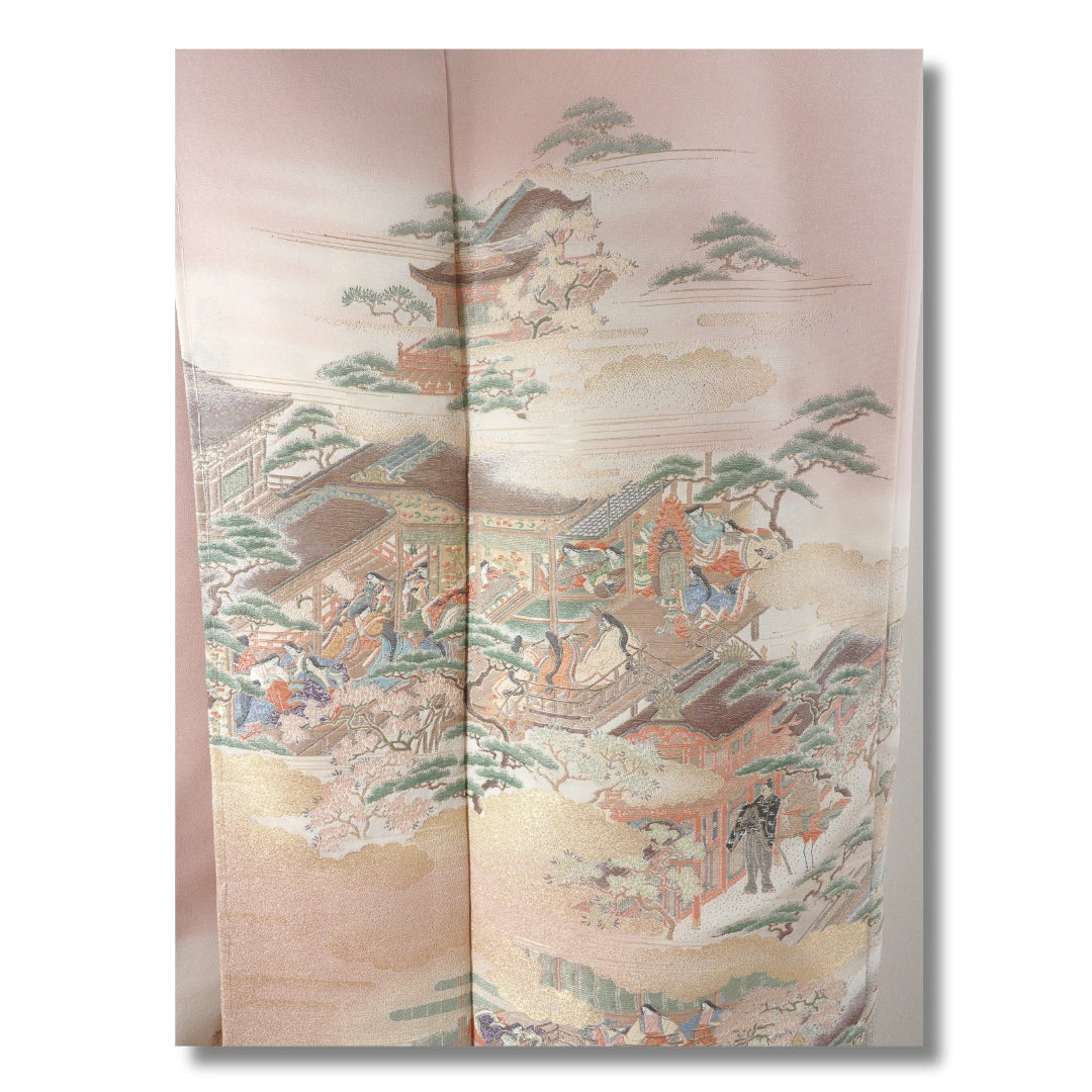 Vintage Damen Iro-Tomesode Kimono hellrosa mit Landschaft
