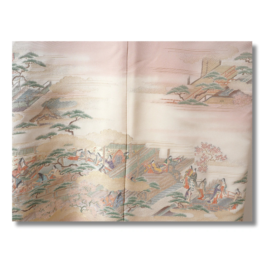 Vintage Damen Iro-Tomesode Kimono hellrosa mit Landschaft