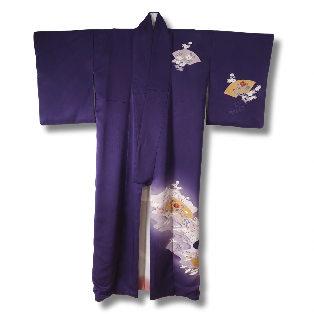 Vintage Damen Homongi Kimono lila mit Fächer & Blumen